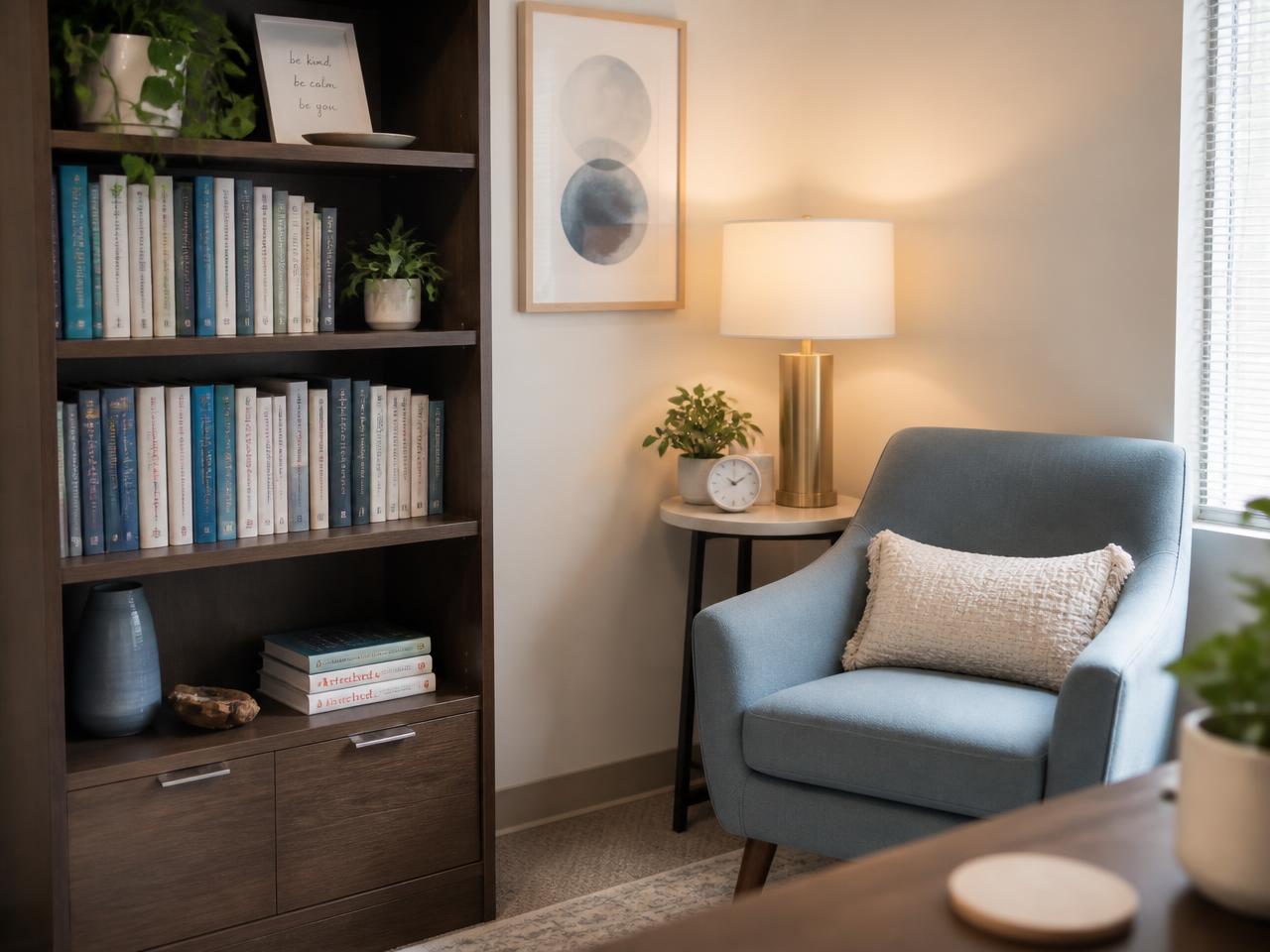 Detalhe do consultório com estante de livros e poltrona azul